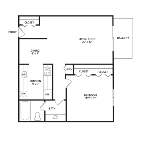 Floor plan for 1 bed, 1 bath, 675 sqft